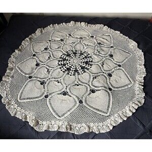 Vintage  Crocheted Tablecloth Hand Made White Round 50" Ivory Cottagecore